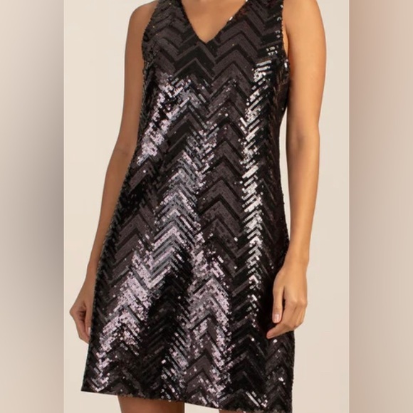 Trina Turk Dresses & Skirts - Black V neck, Sleeveless, Metallic sequins in chevron pattern, Shift silhouette